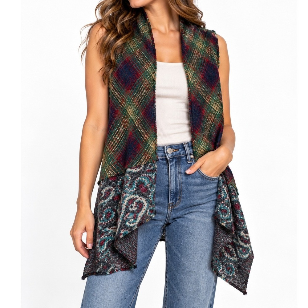 Urban Renewal Women's Plaid Draped Vest Brown S/M Boho Fringe Open Front